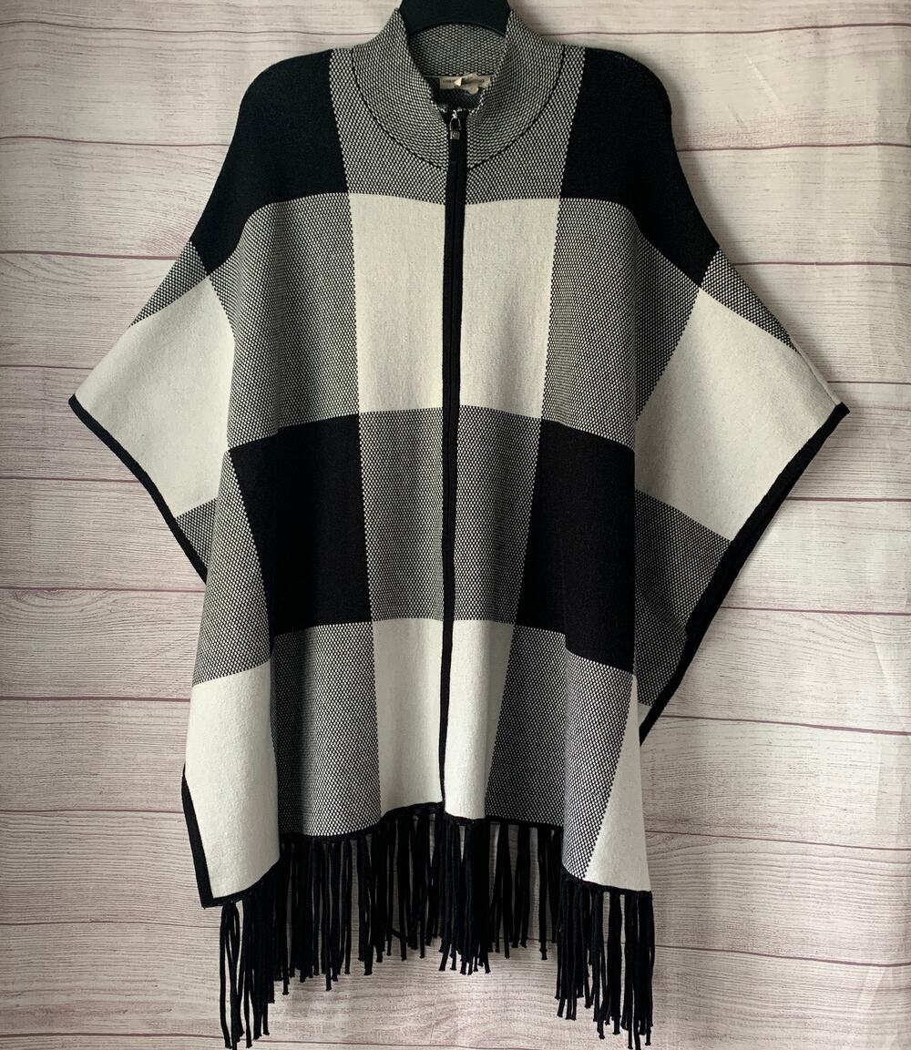 Christian Siriano New York Black White Buffalo Plaid Zip Up Poncho Fringe L/XL